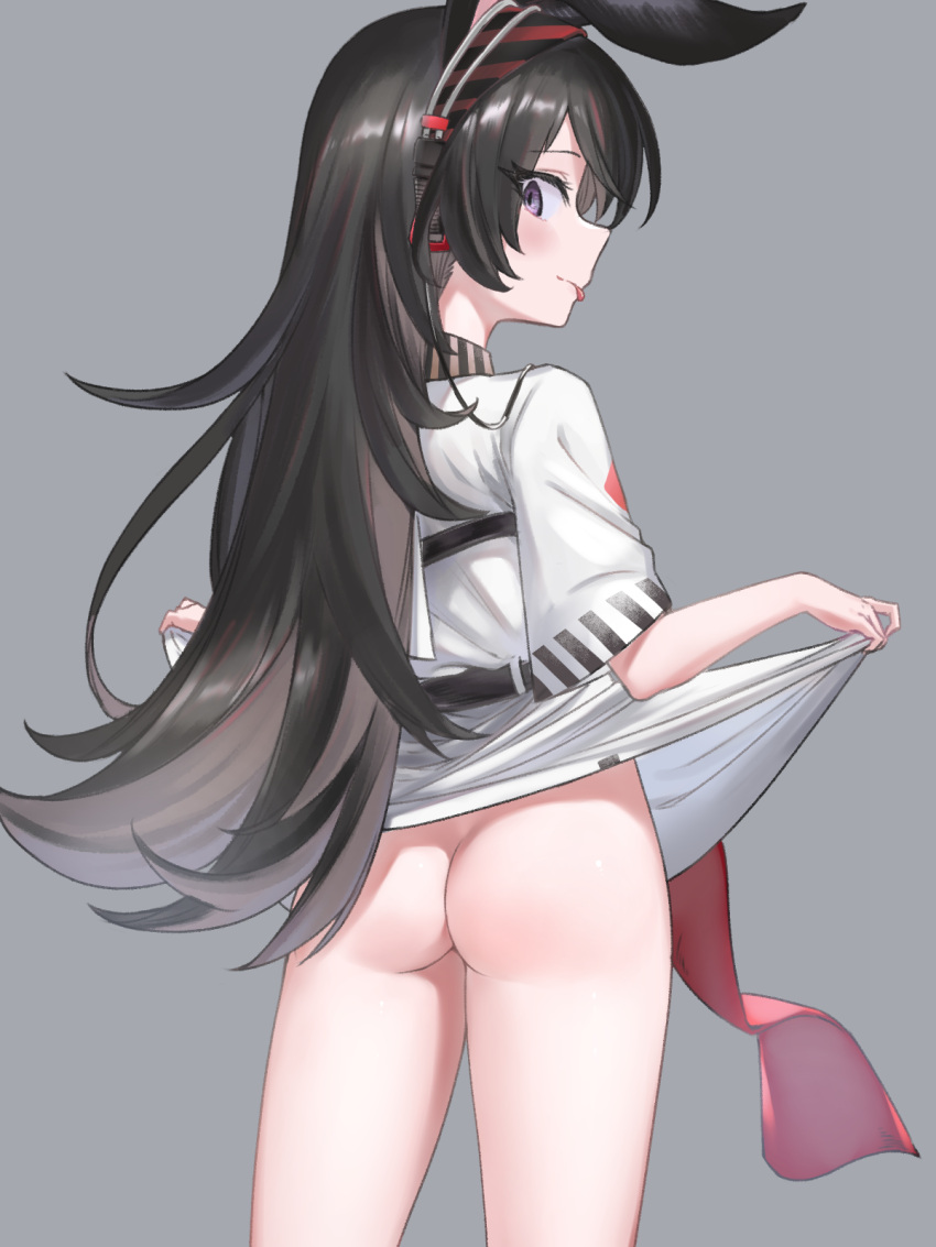 1girl animal_ears april_(arknights) arknights ass black_hair blush bottomless brown_hair clothes_lift cowboy_shot dress dress_lift from_behind grey_background headphones highres implied_extra_ears long_hair looking_at_viewer looking_back profile purple_eyes rabbit_ears rabbit_girl sassakntm simple_background solo spiked_hair thighs tongue tongue_out white_dress