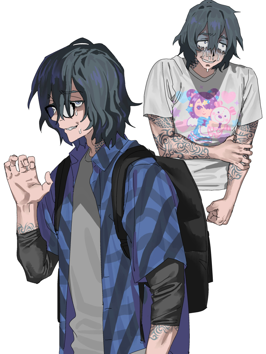 1boy arm_tattoo averting_eyes backpack bag black_bag blue_eyes blue_shirt cropped_torso crying crying_with_eyes_open glasses grey_shirt hair_between_eyes hand_on_own_arm hand_up highres irasutoya long_sleeves looking_at_viewer male_focus multiple_views nervous_smile open_mouth original otaku plaid plaid_shirt print_shirt shirt short_hair short_sleeves simple_background smile snot sweatdrop t-shirt tattoo tears turn_pale white_background white_shirt zashima