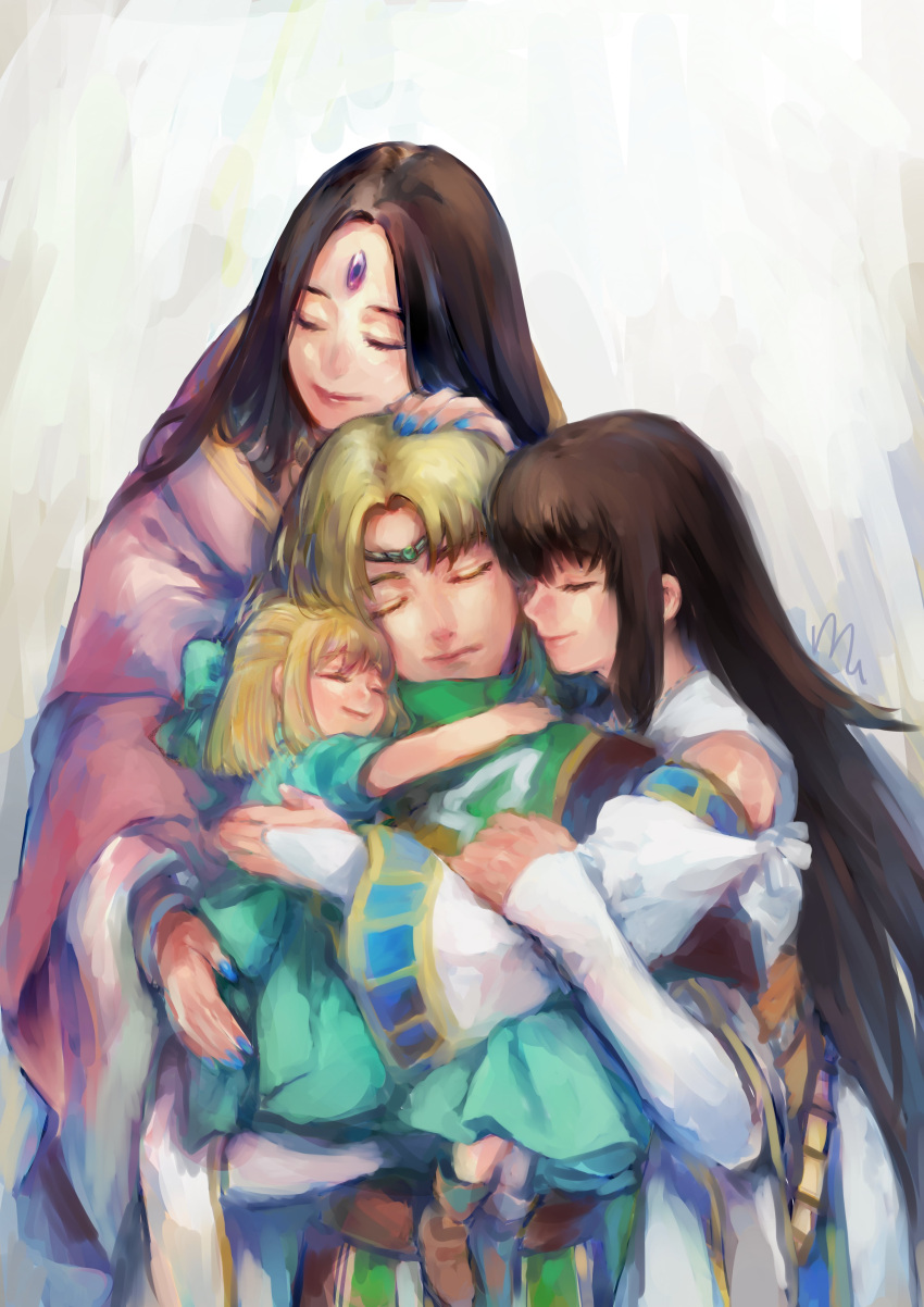 absurdres black_hair blonde_hair brown_hair closed_eyes forehead_jewel gensou_suikoden gensou_suikoden_iii group_hug highres hug ikunosake leknaat light_smile long_hair long_sleeves luc_(suikoden) multiple_girls sarah_(suikoden) viki_(suikoden)