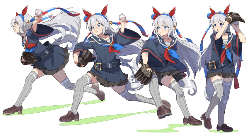 1girl absurdres animal_ears arms_up ball baseball_cap baseball_mitt belt belt_buckle bike_shorts black_skirt blue_eyes brown_footwear buckle clenched_teeth closed_mouth flat_chest frown full_body grey_hair grey_thighhighs hair_ornament hairclip hat highres holding holding_ball horse_ears horse_girl horse_tail loafers looking_afar miniskirt motion_blur multiple_views neckerchief nishiki_kazue open_mouth pitching sailor_collar sequential shirt shoes skirt standing tail tamamo_cross_(umamusume) teeth thighhighs throwing umamusume v-shaped_eyebrows white_background wide_sleeves