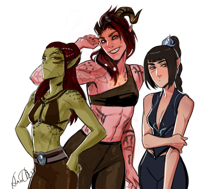 3girls absurdres anndr baldur's_gate baldur's_gate_3 black_hair bra brown_pants clenched_hands colored_skin dungeons_and_dragons elf gith_(dungeons_and_dragons) green_skin hands_on_own_hips highres horns karlach_(baldur's_gate) lae'zel_(baldur's_gate) long_hair looking_at_viewer looking_to_the_side multiple_girls pants pink_skin pointy_ears ponytail red_hair shadowheart_(baldur's_gate) signature simple_background tiefling underwear white_background
