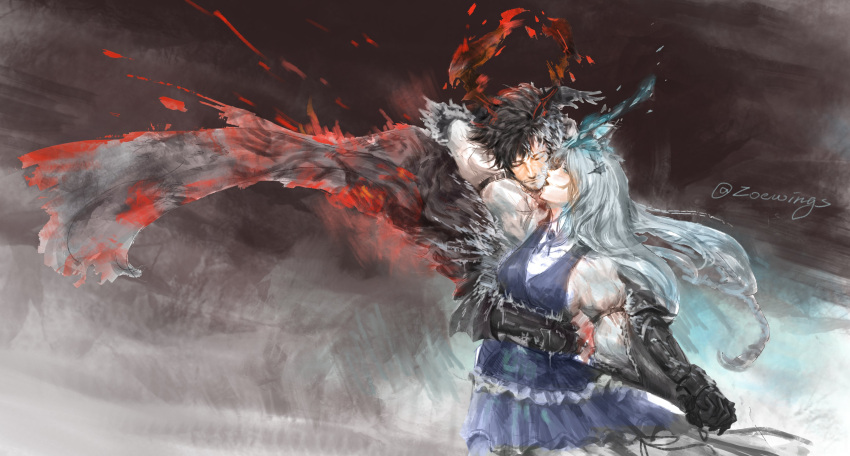 1boy 1girl absurdres arm_around_neck arm_around_waist beard black_hair braid cape clive_rosfield closed_eyes couple facial_hair final_fantasy final_fantasy_xvi fire gloves glowing grey_hair hetero highres holding_hands horns ice jill_warrick single_braid smile tiara zoewingsz