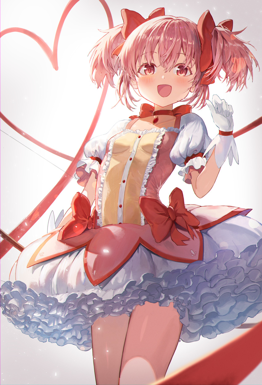 1girl absurdres bow breasts bubble_skirt choker cocoa_(ultra_mdk) commentary_request cowboy_shot facing_viewer frilled_skirt frills gloves hair_bow heart_ribbon highres kaname_madoka light_blush magical_girl mahou_shoujo_madoka_magica mahou_shoujo_madoka_magica_(anime) open_mouth pink_hair puffy_short_sleeves puffy_sleeves red_bow red_choker red_eyes red_ribbon revision ribbon ribbon_choker short_hair short_sleeves short_twintails skirt small_breasts smile solo soul_gem twintails white_gloves