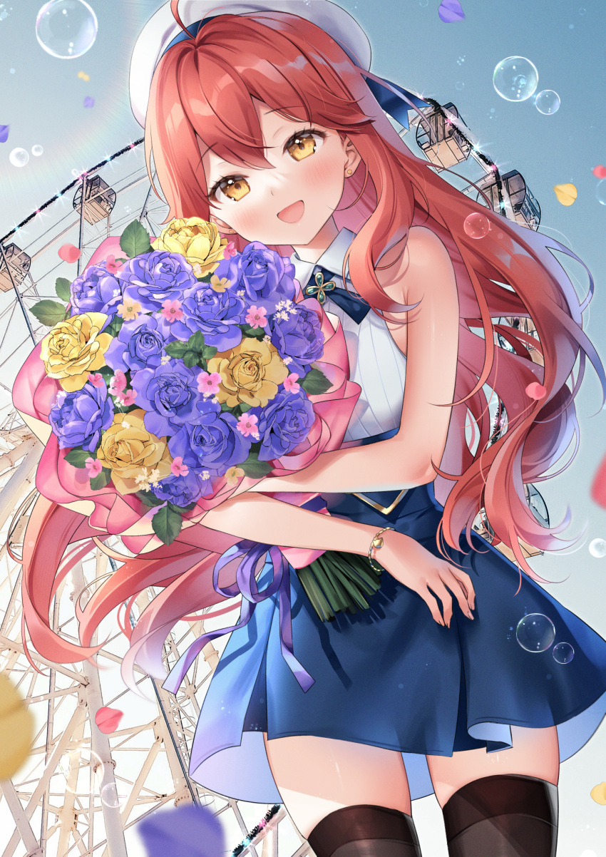 1girl ahoge bare_arms bare_shoulders beret black_thighhighs blue_skirt bouquet bracelet collared_shirt commission cowboy_shot ferris_wheel flower hat high-waist_skirt highres holding holding_bouquet jewelry liliya_(kaetzchen) long_hair looking_at_viewer nami_(nyaa) neck_ribbon open_mouth original purple_flower red_hair ribbon rose shirt skirt sleeveless sleeveless_shirt smile solo standing thighhighs white_headwear white_shirt yellow_eyes yellow_flower zettai_ryouiki