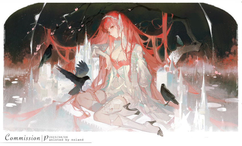 bird commission crow highres long_hair noland red_eyes red_hair very_long_hair