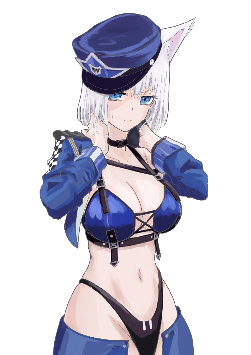 1girl absurdres animal_ear_fluff animal_ears azur_lane baltimore_(azur_lane) baltimore_(azur_lane)_(cosplay) baltimore_(finish_line_flagbearer)_(azur_lane) bikini black_gloves blue_eyes blue_headwear blue_jacket breasts chest_harness cleavage closed_mouth collarbone commentary_request cosplay cowboy_shot cropped_jacket eyeshadow fox_ears fox_girl gloves hands_on_own_neck harness hat highleg highleg_bikini highres jacket kaga_(azur_lane) large_breasts looking_at_viewer makeup micro_shorts navel official_alternate_costume osamup peaked_cap race_queen red_eyeshadow short_hair shorts single_glove solo stomach sweatdrop swimsuit tilted_headwear transparent_background white_hair