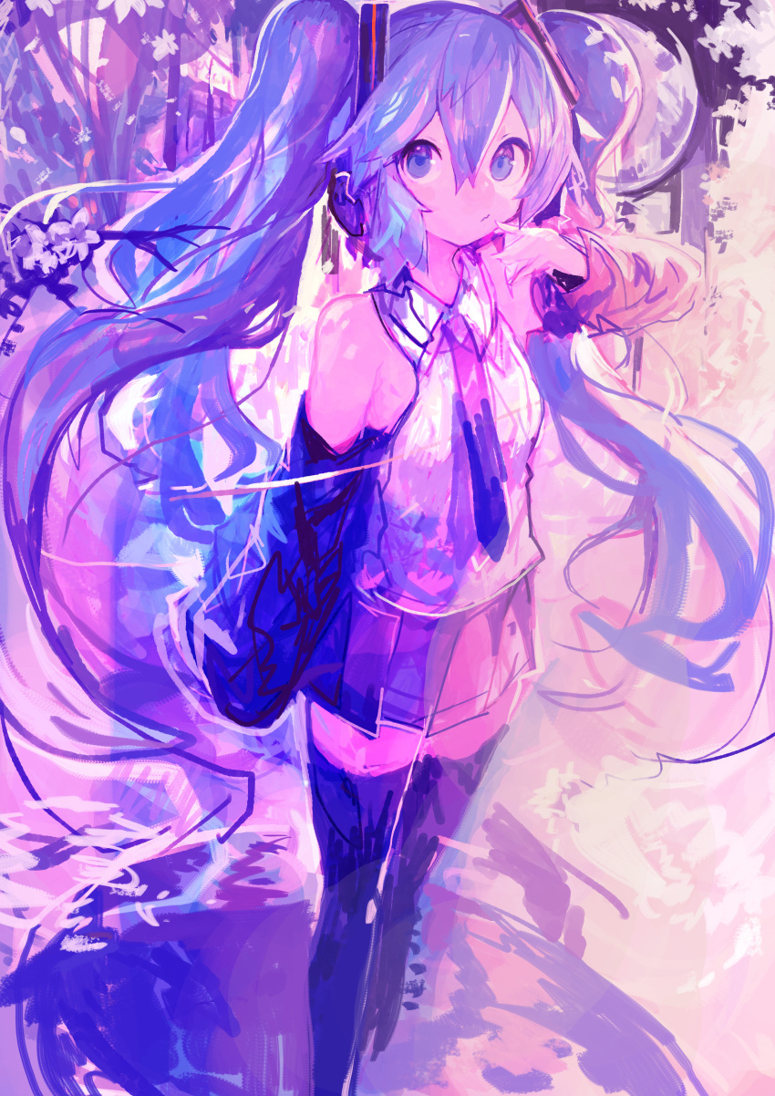 1girl :/ absurdres aqua_eyes aqua_hair black_necktie black_skirt black_thighhighs cherry_blossoms cherry_tree detached_sleeves finger_to_mouth hatsune_miku headphones highres kaamin_(mariarose753) lake long_hair looking_at_viewer miniskirt necktie skirt standing standing_on_liquid thighhighs twintails vocaloid