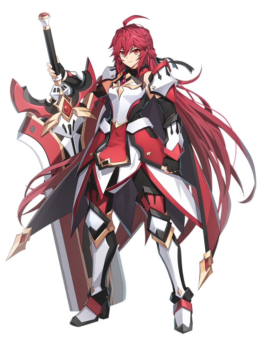 1girl absurdres ahoge armor armored_boots armored_dress black_gloves boots claymore_(sword) clenched_hand detached_sleeves elesis_sieghart fingerless_gloves gem gloves gold_trim grand_chase highres holding holding_weapon light_smile long_hair looking_at_viewer mvrleson official_art red_eyes red_gemstone red_hair red_trim shoulder_armor solo sword transparent_background very_long_hair weapon wrist_guards