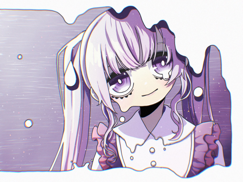 1girl border bright_pupils chromatic_aberration closed_mouth collared_dress commentary_request crossed_bangs dokumitsu_akaringo dress dripping dripping_eye eyelashes frilled_dress frills head_tilt highres hoho_ga_kawaku_made_(vocaloid) light_particles long_hair looking_at_viewer portrait purple_background purple_eyes purple_hair sanpaku shadow sidelocks smile solo straight-on tareme teardrop twintails white_border white_dress white_pupils