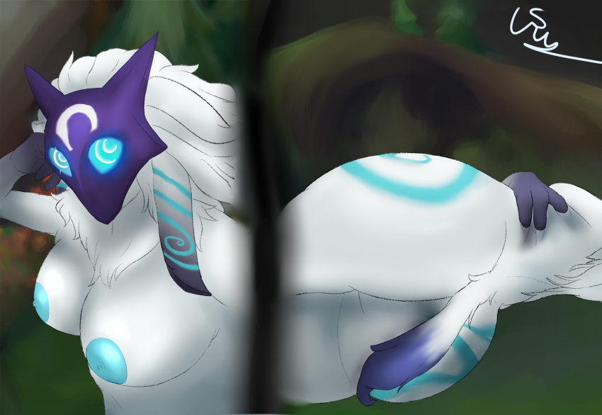 anthro areola big_breasts big_butt blue_body blue_eyes blue_fur breasts butt female fur hair hi_res kindred_(lol) lamb_(lol) league_of_legends long_hair looking_at_viewer mask plant purple_body purple_fur riot_games rusoide solo summoners_rift white_body white_fur white_hair wide_hips