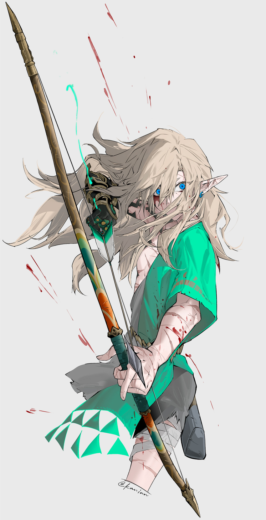 1boy absurdres arrow_(projectile) black_shorts blood blood_on_face bow_(weapon) cropped_legs earrings floating_hair from_side green_tunic hair_between_eyes highres holding holding_arrow holding_bow_(weapon) holding_weapon jewelry kaninn link long_hair looking_at_viewer male_focus pointy_ears scar scar_on_chest shorts simple_background solo the_legend_of_zelda the_legend_of_zelda:_tears_of_the_kingdom torn_clothes torn_shorts weapon white_background