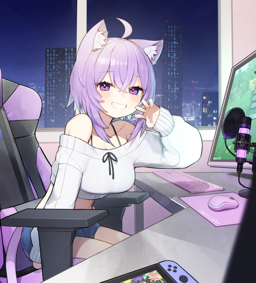 1girl absurdres ahoge akuto_(akuto_desu) alternate_costume animal_ear_fluff animal_ears breasts cat_ears cat_girl cat_tail chair cityscape claw_pose cleavage computer crop_top denim denim_shorts desk gaming_chair hair_between_eyes highres hololive indoors keyboard_(computer) long_sleeves looking_at_viewer medium_breasts microphone midriff monitor mouse_(computer) nekomata_okayu nintendo_switch off-shoulder_sweater off_shoulder on_chair purple_eyes purple_hair ribbon short_hair shorts sitting sleeves_past_wrists smile solo spaghetti_strap sweater swivel_chair tail virtual_youtuber window