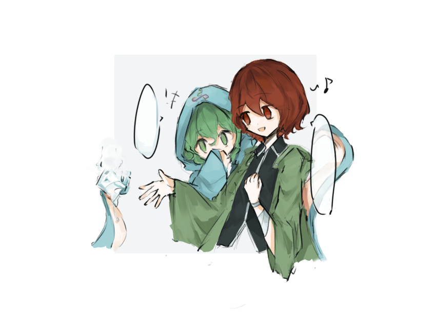 2others androgynous bandages black_shirt blank_speech_bubble blue_jacket collared_shirt green_eyes green_hair green_jacket highres hood hood_up hooded_jacket jacket len'en long_sleeves multiple_others musical_note nao_chou_wuxian_shaonu red_eyes red_hair shirt shitodo_aoji shitodo_hooaka short_hair sleeveless sleeveless_shirt speech_bubble tentacles wide_sleeves