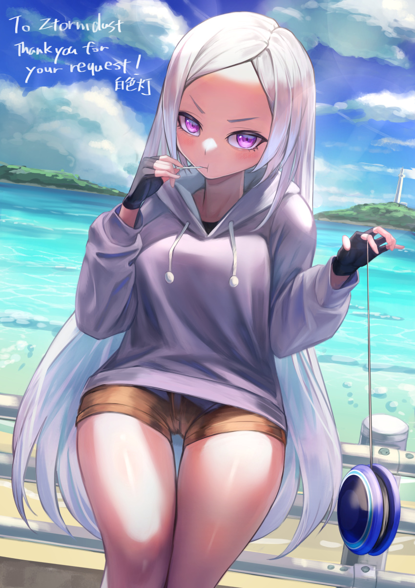 1girl absurdres black_gloves blue_sky blush breasts brown_shorts closed_mouth commission day fingerless_gloves gloves grey_hoodie hakusyokuto highres hood hoodie long_hair long_sleeves looking_at_viewer medium_breasts original outdoors parted_bangs purple_eyes short_shorts shorts skeb_commission sky solo white_hair yo-yo