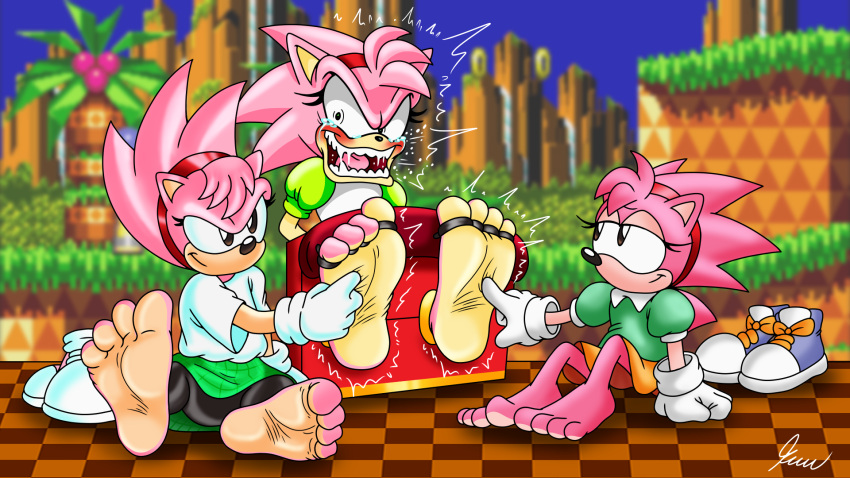 16:9 4_toes amy_rose anthro biped bound classic_amy_rose classic_sonic_(universe) feet female foot_fetish foot_focus group hi_res sega selfcest skoufidios soles sonic_the_hedgehog_(series) square_crossover tickle_torture tickling tickling_feet toes trio widescreen