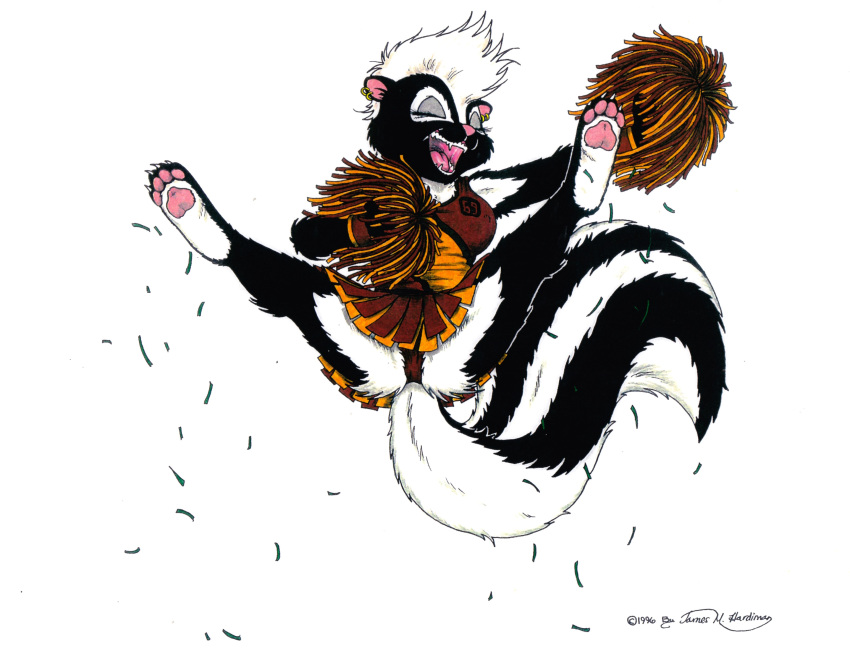 1996 anthro barefoot black_and_white_fur black_body black_fur cheerleader cheerleader_outfit claws confetti ear_piercing ear_ring eyes_closed feet female fluffy fluffy_tail fur hair hi_res james_m_hardiman mammal mephitid multicolored_body multicolored_fur onyx_(jmh) open_mouth pawpads piercing pink_inner_ear pink_nose pink_pawpads pink_tongue pom_poms ring_piercing simple_background skunk solo tail teeth tongue two_tone_body two_tone_fur white_background white_body white_claws white_fur white_hair