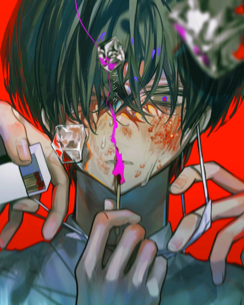 1boy 2others bags_under_eyes black_hair blood blood_on_face blurry blurry_foreground commentary_request fire grey_eyes grey_shirt hair_over_one_eye half-closed_eyes hand_up highres holding_matchstick ice ice_cube looking_at_object male_focus mask mask_pull matchbox mouth_mask multiple_others nanana14 original out_of_frame parted_lips pink_fire pink_pupils portrait red_background scratches shirt short_hair simple_background solo_focus surgical_mask sweat translation_request