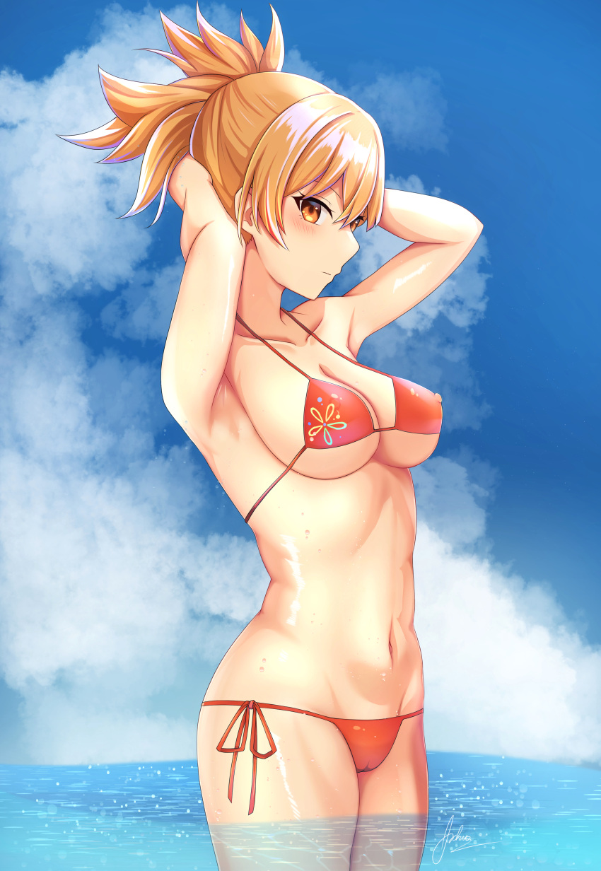 1girl absurdres aoikito_lavender086 arms_behind_head bare_arms bare_shoulders bikini blonde_hair blue_sky blush breasts cloud commentary_request covered_nipples cowboy_shot day genshin_impact highres large_breasts looking_at_viewer navel ponytail red_bikini short_hair side-tie_bikini_bottom sky solo standing stomach swimsuit thighs wading water yellow_eyes yoimiya_(genshin_impact)