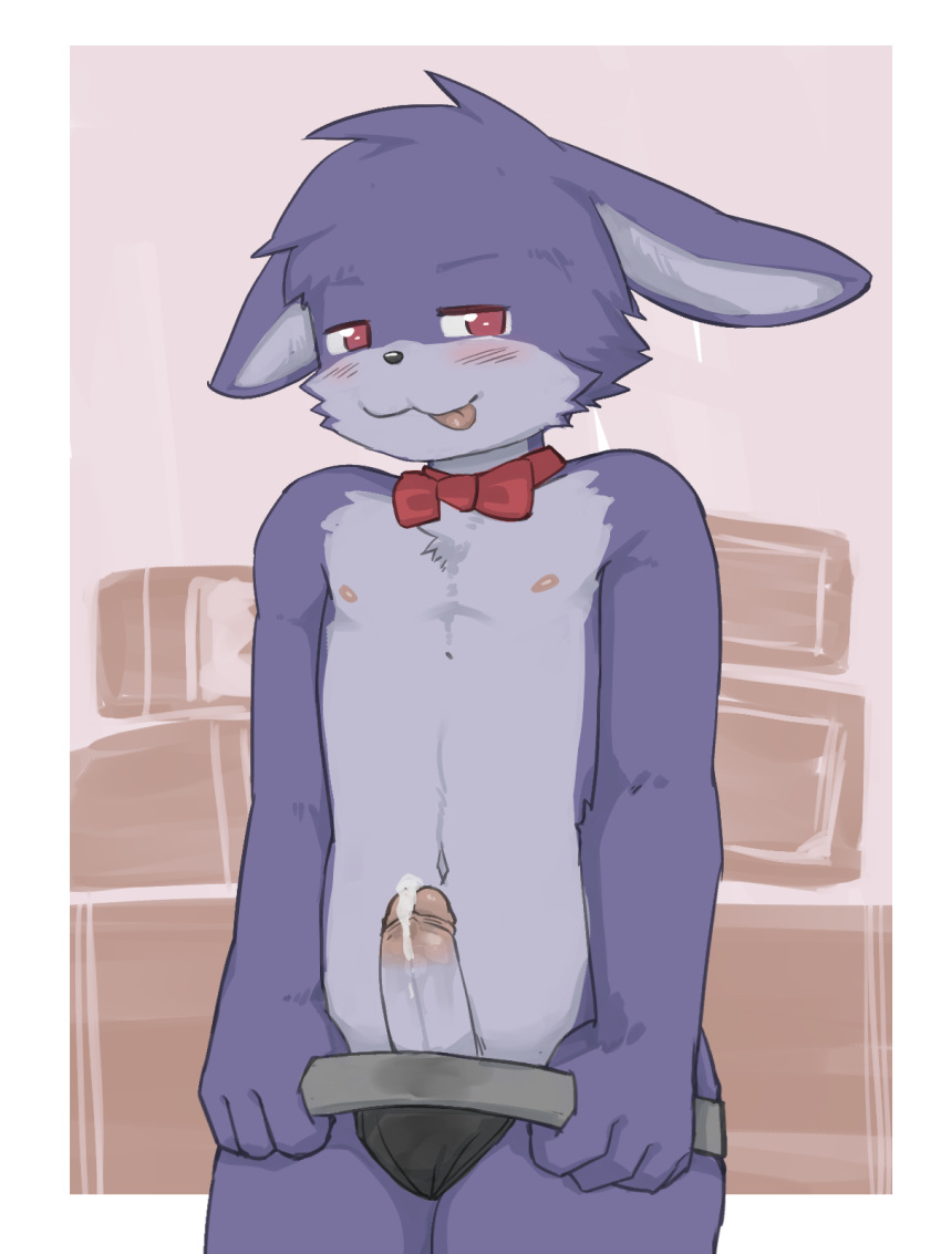 2023 5_fingers anthro bedroom_eyes blue_body blue_fur blush bodily_fluids bonnie_(fnaf) clothing ears_down embarrassed erection fingers five_nights_at_freddy's fur genital_fluids half-closed_eyes hi_res inside lagomorph leporid looking_at_viewer male mammal narrowed_eyes navel nipples nude_male pivoted_ears precum rabbit red_eyes roo310 scottgames seductive solo television underwear