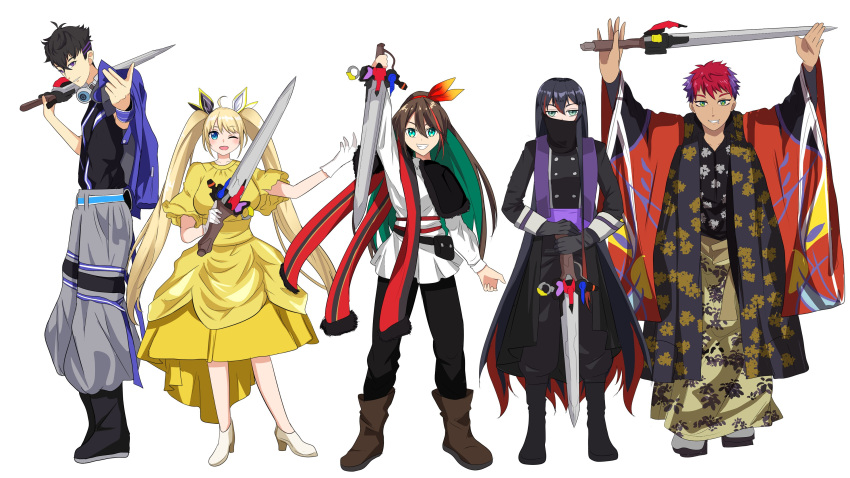 2boys 3girls absurdres etna_crimson highres holding holding_sword holding_weapon mika_melatika multiple_boys multiple_girls nijisanji nijisanji_id ohsama_sentai_king-ohger reza_avanluna riksa_dhirendra super_sentai sword virtual_youtuber weapon zea_cornelia