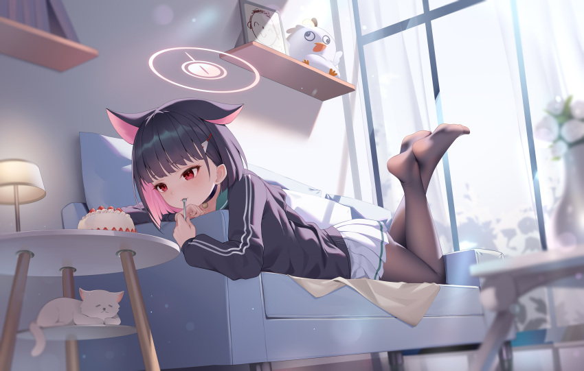 1girl animal_ears arona's_sensei_doodle_(blue_archive) bingchuan_xian_yu_huang black_choker black_hair blue_archive cake cat choker colored_inner_hair couch crossed_ankles eating extra_ears feet_up food full_body hair_ornament halo highres holding indoors kazusa_(blue_archive) long_sleeves lying medium_hair miniskirt multicolored_hair no_shoes on_couch on_stomach pantyhose pink_hair pleated_skirt sensei_(blue_archive) skirt solo stuffed_animal stuffed_bird stuffed_toy the_pose utensil_in_mouth