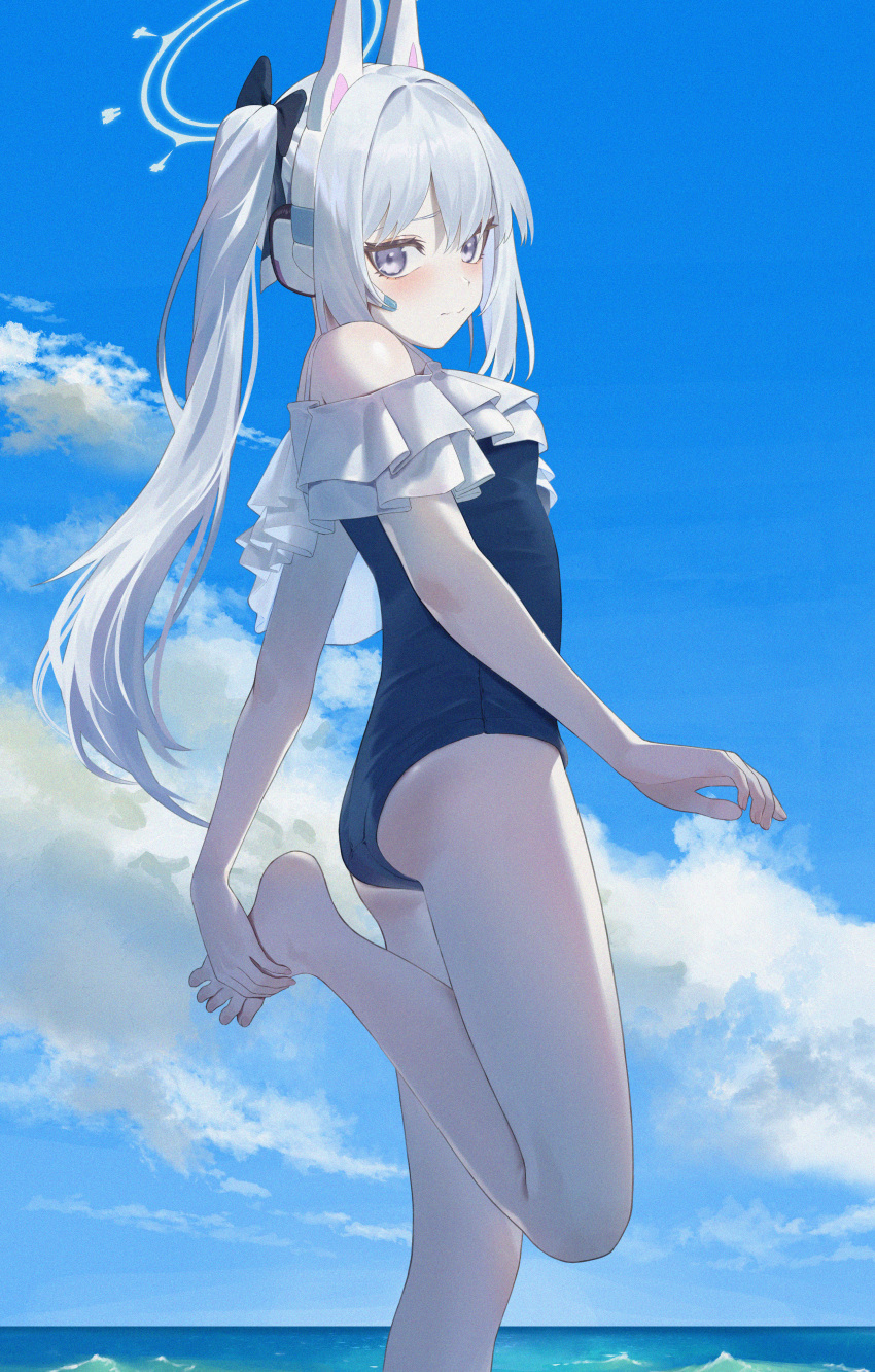 absurdres animal_ear_headwear ass barefoot black_bow black_one-piece_swimsuit blue_archive blue_sky blush bow closed_mouth cloud commentary frills grey_eyes hair_bow halo headgear heel_up highres holding_own_foot long_hair looking_at_viewer miyako_(blue_archive) miyako_(swimsuit)_(blue_archive) mr-shin ocean one-piece_swimsuit outdoors side_ponytail sidelocks sky standing standing_on_one_leg swimsuit toes white_hair