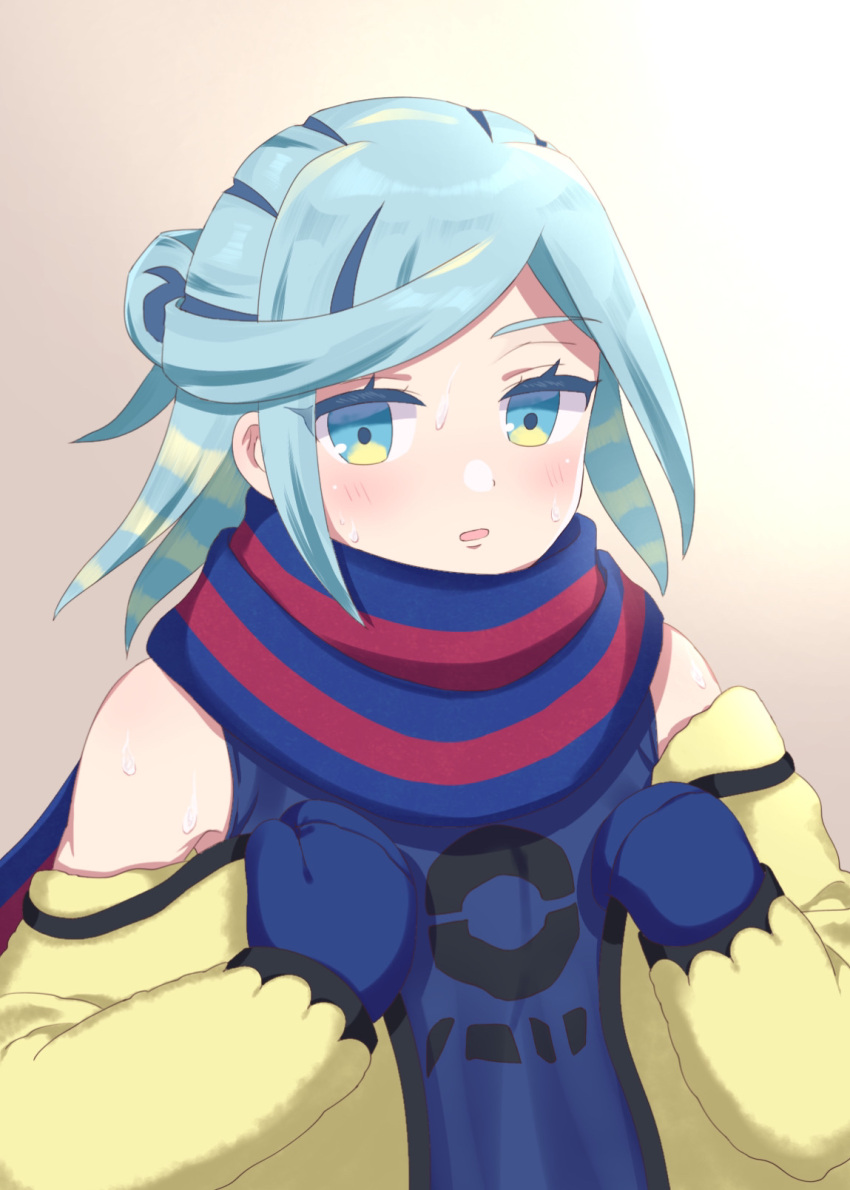 1boy aqua_eyes aqua_hair blue_mittens blue_scarf blue_shirt blush commentary_request eyelashes grusha_(pokemon) highres ichigomilk1515 jacket long_sleeves looking_at_viewer male_focus off_shoulder pokemon pokemon_(game) pokemon_sv scarf shirt sleeveless sleeveless_shirt solo striped striped_scarf sweat upper_body yellow_jacket