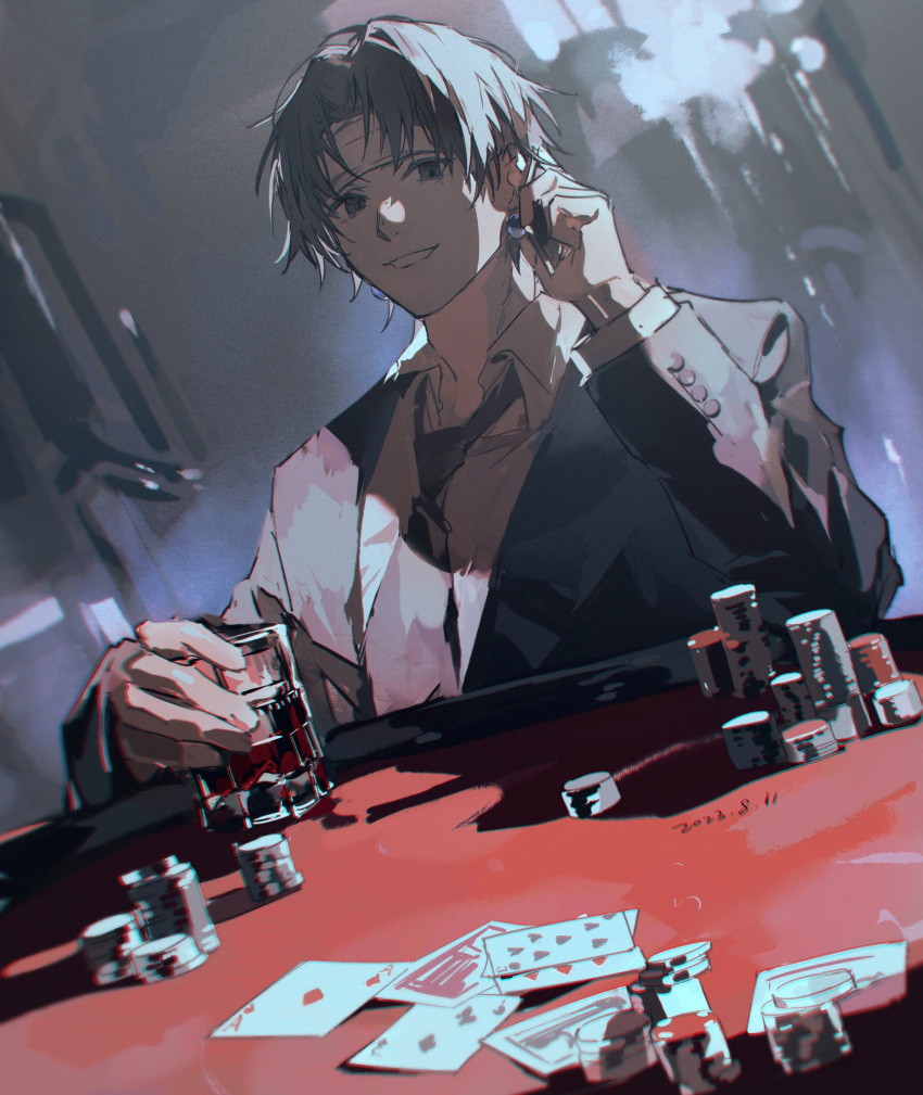 1boy bandaged_head bandages black_eyes black_hair black_jacket black_necktie black_suit calling card chrollo_lucilfer collared_shirt cup dated earrings formal highres holding holding_cup hunter_x_hunter indoors jacket jewelry male_focus mei_ren necktie parted_bangs playing_card poker poker_chip poker_table shirt short_hair smile solo suit table upper_body white_shirt