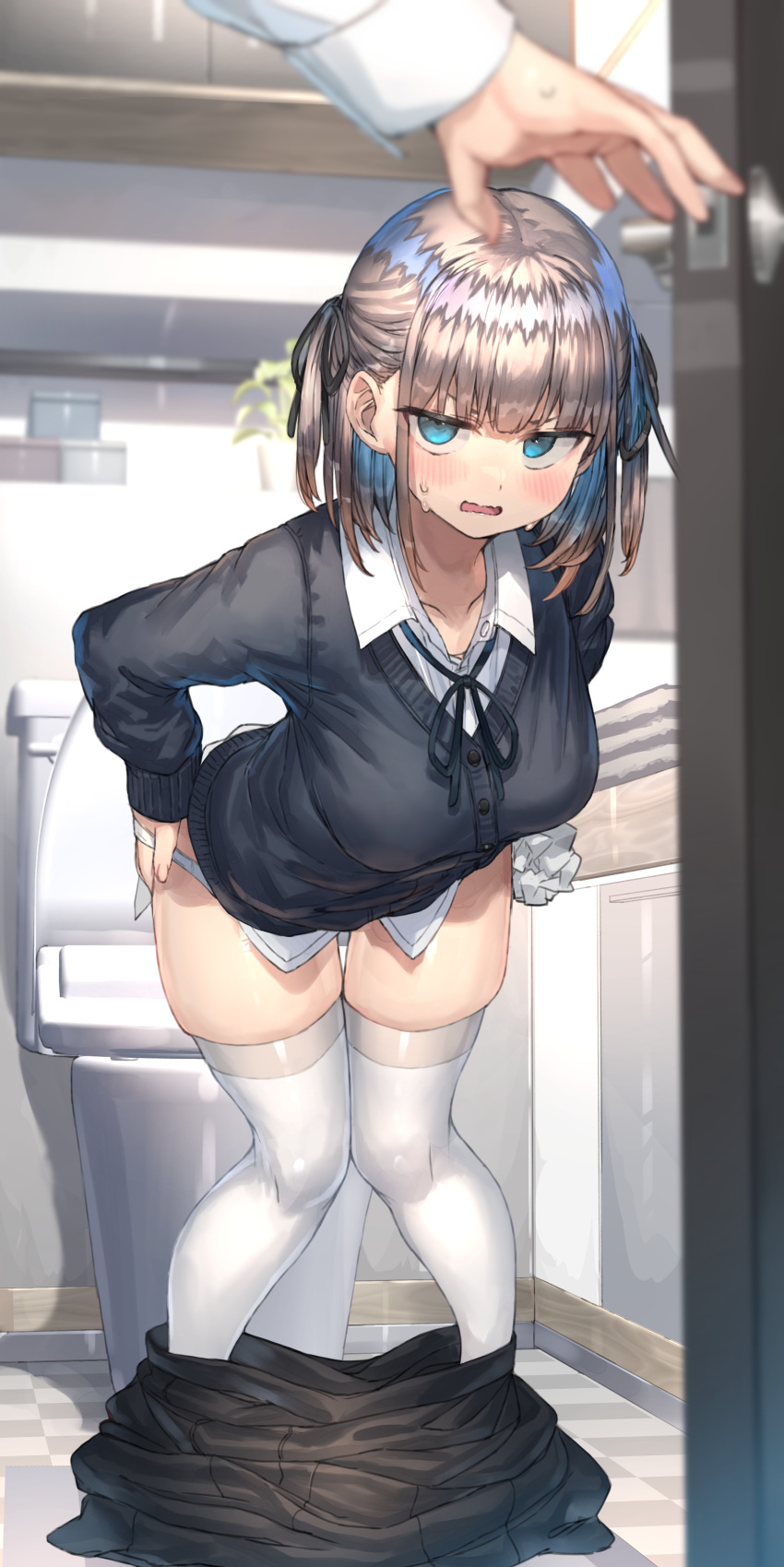 1boy 1girl absurdres bent_over black_cardigan black_ribbon black_skirt blue_eyes blue_hair blush breasts brown_hair cardigan clothes_pull collared_shirt commentary_request dress_shirt hair_ribbon highres knees_together_feet_apart medium_breasts multicolored_hair neck_ribbon open_door original panties panty_pull parted_lips pleated_skirt pulled_by_self ranf ribbon shirt skindentation skirt skirt_pull solo_focus sweat thigh_gap thighhighs toilet two-tone_hair two_side_up underwear walk-in wavy_mouth white_panties white_shirt white_thighhighs