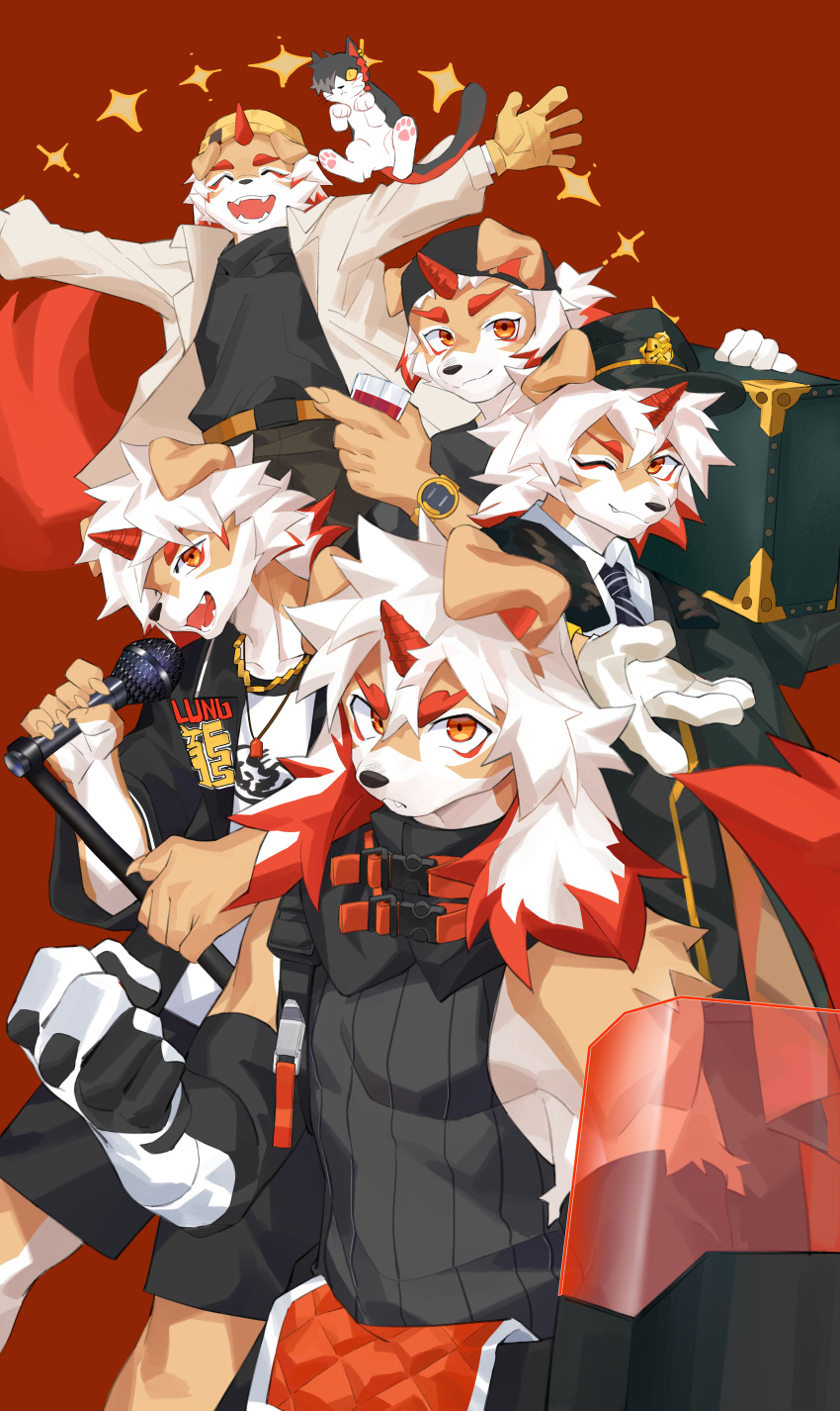aak_(arknights) absurd_res anthro arknights canid canine canis clothed clothing coat domestic_cat domestic_dog duo felid feline felis feral fully_clothed fur gloves hair handwear hat headgear headwear hi_res horn hung_(arknights) hypergryph joeyzliaotang long_hair looking_at_viewer male mammal multiple_poses necktie pose red_hair red_horn red_tail riot_shield shield shirt studio_montagne tail tan_body tan_fur topwear white_body white_fur white_hair yellow_eyes