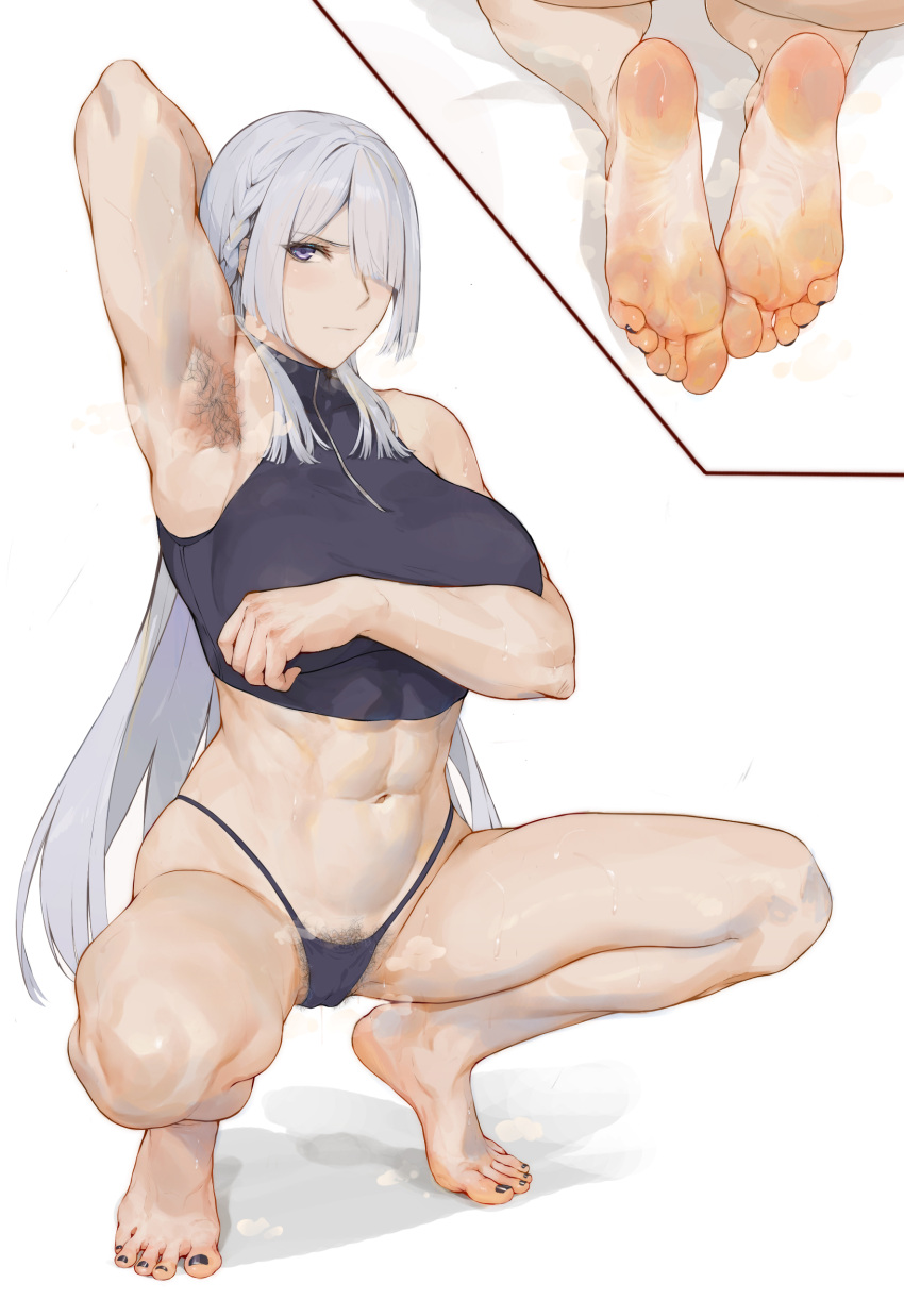 1girl abs absurdres ak-15_(girls'_frontline) arm_behind_head armpit_hair armpits bare_shoulders barefoot black_nails braid breasts cameltoe chinese_commentary closed_mouth commentary_request covering covering_breasts excessive_pubic_hair feet full_body girls'_frontline grey_hair highres large_breasts laserflip long_hair looking_at_viewer nail_polish navel panties presenting_armpit pubic_hair purple_eyes purple_panties shirt simple_background sleeveless sleeveless_shirt soles solo squatting steaming_body stomach sweat thighs tiptoes toes toned underwear very_long_hair white_background