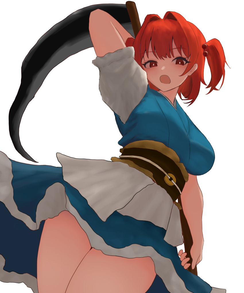 1girl absurdres blue_dress breasts bright_pupils coin commentary cowboy_shot dress hair_bobbles hair_intakes hair_ornament highres holding holding_scythe large_breasts looking_at_viewer moriforest1040 obi onozuka_komachi open_mouth red_eyes red_hair sash scythe short_hair short_sleeves simple_background solo touhou two_side_up white_background white_pupils