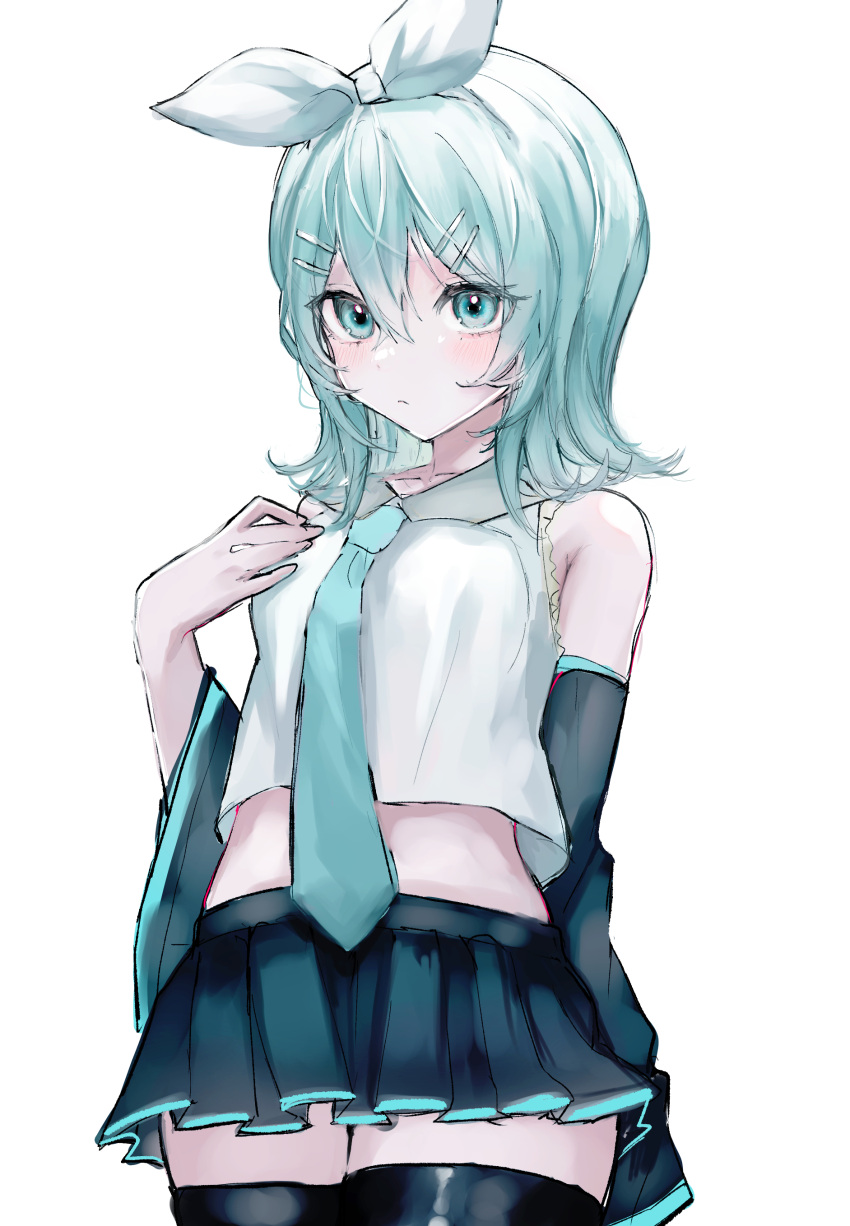1girl absurdres adapted_costume alternate_eye_color alternate_hair_color aqua_eyes aqua_hair aqua_necktie bare_shoulders black_sleeves bow breasts collared_shirt cosplay detached_sleeves fukuni324663 grey_shirt hair_bow hair_ornament hairclip hand_on_own_chest hatsune_miku highres kagamine_rin kagamine_rin_(cosplay) light_blush medium_breasts midriff miniskirt necktie pleated_skirt shirt short_hair skirt sleeveless sleeveless_shirt solo thighhighs vocaloid white_bow wide_sleeves zettai_ryouiki