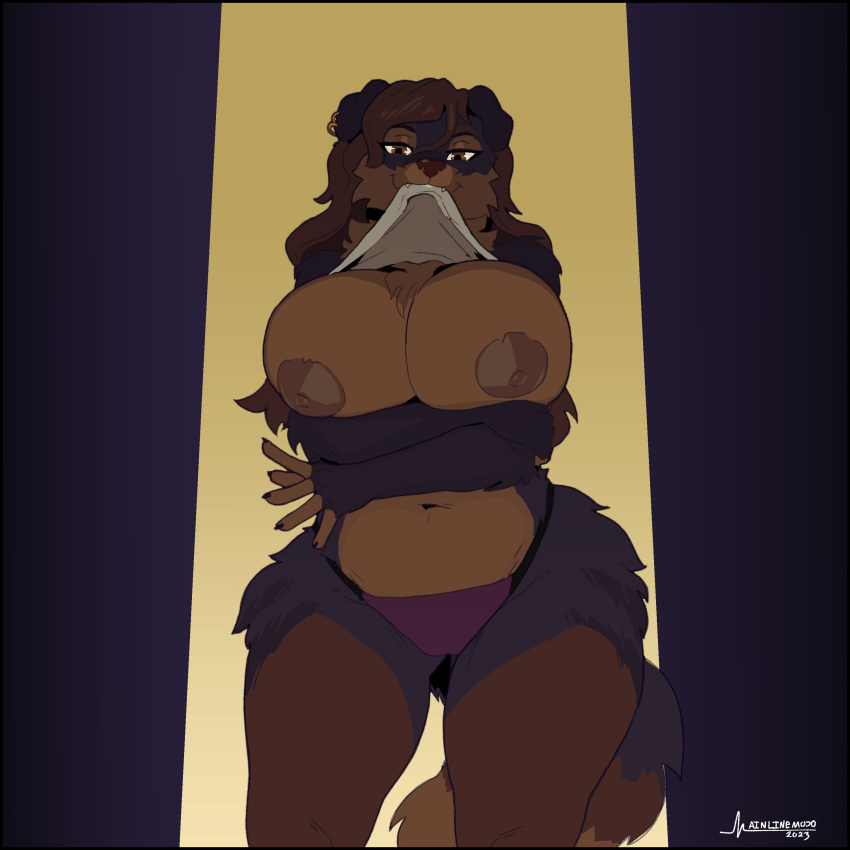 2023 absurd_res alina_(harvheadempty) anthro areola big_breasts black_body black_fur black_tail breasts brown_areola brown_body brown_eyes brown_fur brown_nipples brown_tail canid canine canis clothed clothing crossed_arms domestic_dog female fur greasymojo hair half-closed_eyes hi_res huge_breasts long_hair looking_at_viewer mammal multicolored_body multicolored_fur multicolored_tail narrowed_eyes navel nipples panties portrait raised_clothing raised_topwear signature solo standing tail thick_thighs three-quarter_portrait topwear underwear wide_hips