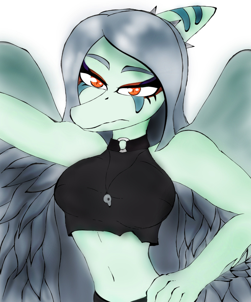 2023 absurd_res amber_eyes anthro breasts clothing crop_top digital_drawing_(artwork) digital_media_(artwork) dinosaur elbow_feathers eyelashes eyeliner fang_(gvh) feathered_wings feathers female fingers goodbye_volcano_high grey_body grey_scales hair halter_top hand_on_hip hand_on_own_hip hi_res jewelry jorgeroman574 long_hair looking_at_viewer makeup midriff navel necklace pterodactylus pterosaur reptile scales scalie shirt silver_hair simple_background snoot_game snout solo topwear white_background wings