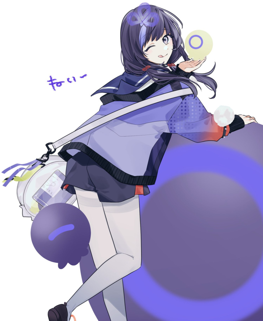 1girl :q bag black_footwear black_hair black_sailor_collar black_shorts blue_jacket gradient_jacket grey_eyes handbag highres jacket licking_lips loafers long_hair low_twintails nijisanji official_art orb pantyhose ponto_nei ponto_nei_(1st_costume) red_jacket sailor_collar shoes shorts sleeves_past_wrists solo srkm_ice tongue tongue_out twintails virtual_youtuber white_background white_pantyhose