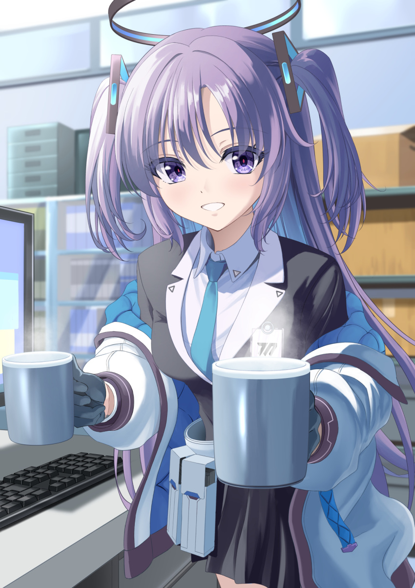 1girl black_gloves black_skirt blue_archive blue_necktie collared_shirt cowboy_shot cup gloves grin halo highres holding holding_cup id_card indoors jacket kagura_hiromu keyboard_(computer) long_hair long_sleeves looking_at_viewer mechanical_halo monitor necktie open_clothes open_jacket pleated_skirt purple_eyes purple_hair shirt skirt smile solo suit two-sided_fabric two-sided_jacket two_side_up white_jacket white_shirt yuuka_(blue_archive)