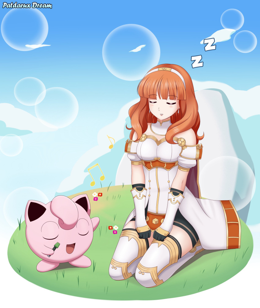 1girl absurdres bare_shoulders black_gloves celica_(fire_emblem) commission crossover dress fire_emblem fire_emblem_echoes:_shadows_of_valentia fire_emblem_gaiden gloves hairband headband highres jigglypuff long_hair music musical_note patdarux pokemon red_hair seiza short_sleeves singing sitting sky sleeping white_dress white_hairband white_headband zzz