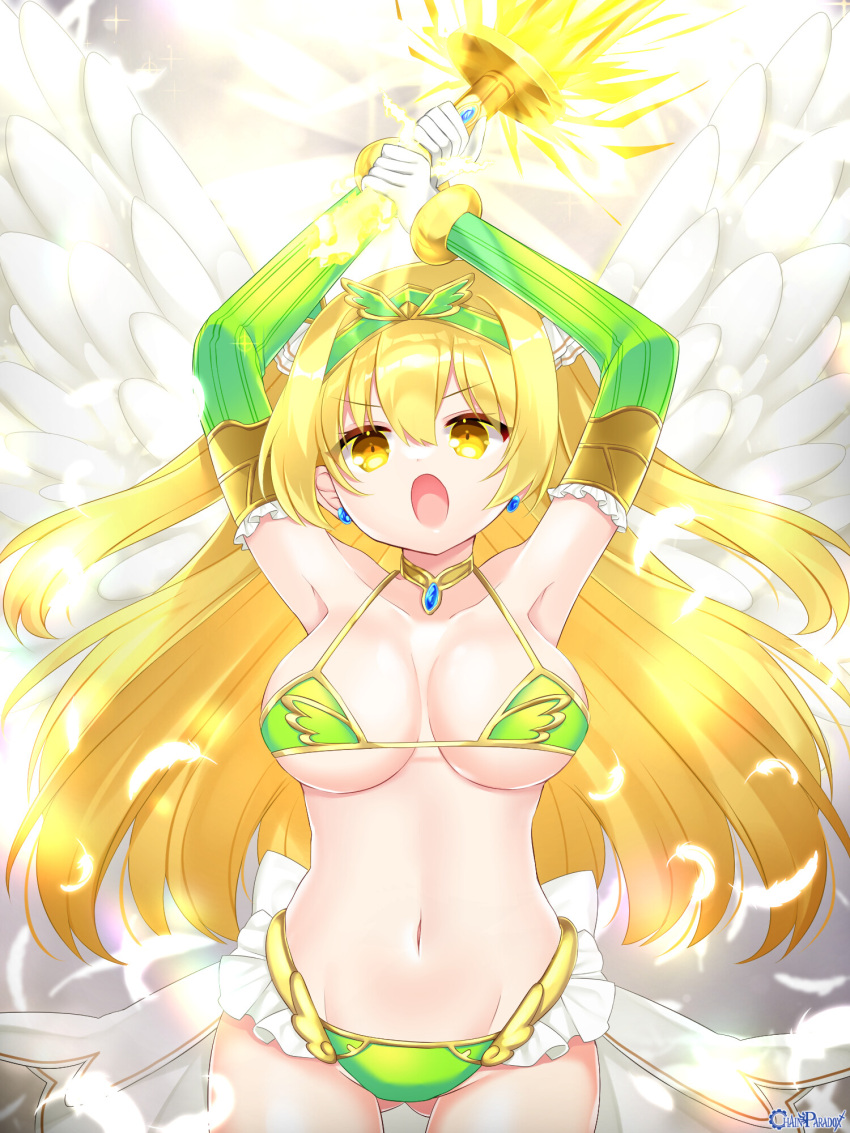 1girl armpits arms_up ass_visible_through_thighs bikini blonde_hair breasts chain_paradox collarbone copyright_name cowboy_shot feathered_wings gloves glowing glowing_weapon green_bikini groin hair_between_eyes headpiece highres holding holding_sword holding_weapon large_breasts long_hair navel official_art open_mouth shikito solo swimsuit sword very_long_hair weapon white_gloves white_wings wings yellow_eyes