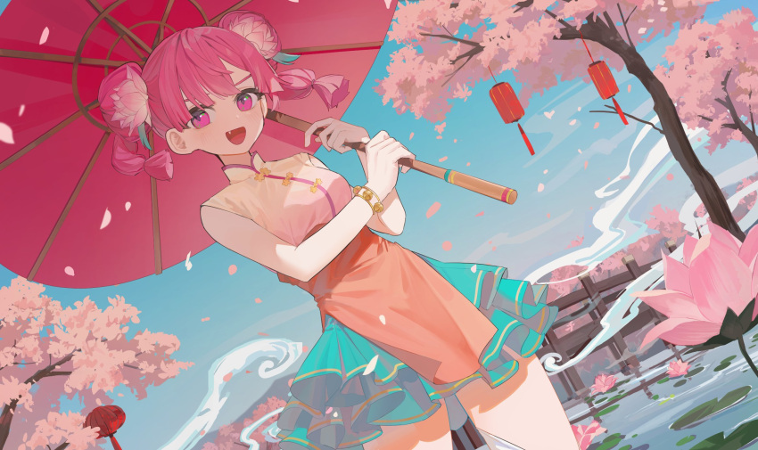 1girl :d alternate_costume bell blue_sky bracelet bridge buro_(muse_dash) cherry_blossoms cjsdh1000 commentary cowboy_shot double_bun dutch_angle fang flower green_skirt hair_bun hair_flower hair_ornament highres holding holding_umbrella jewelry lily_pad looking_at_viewer lotus medium_hair muse_dash open_mouth outdoors pink_eyes pink_flower pink_hair shirt skirt sky sleeveless sleeveless_shirt smile solo tree umbrella water