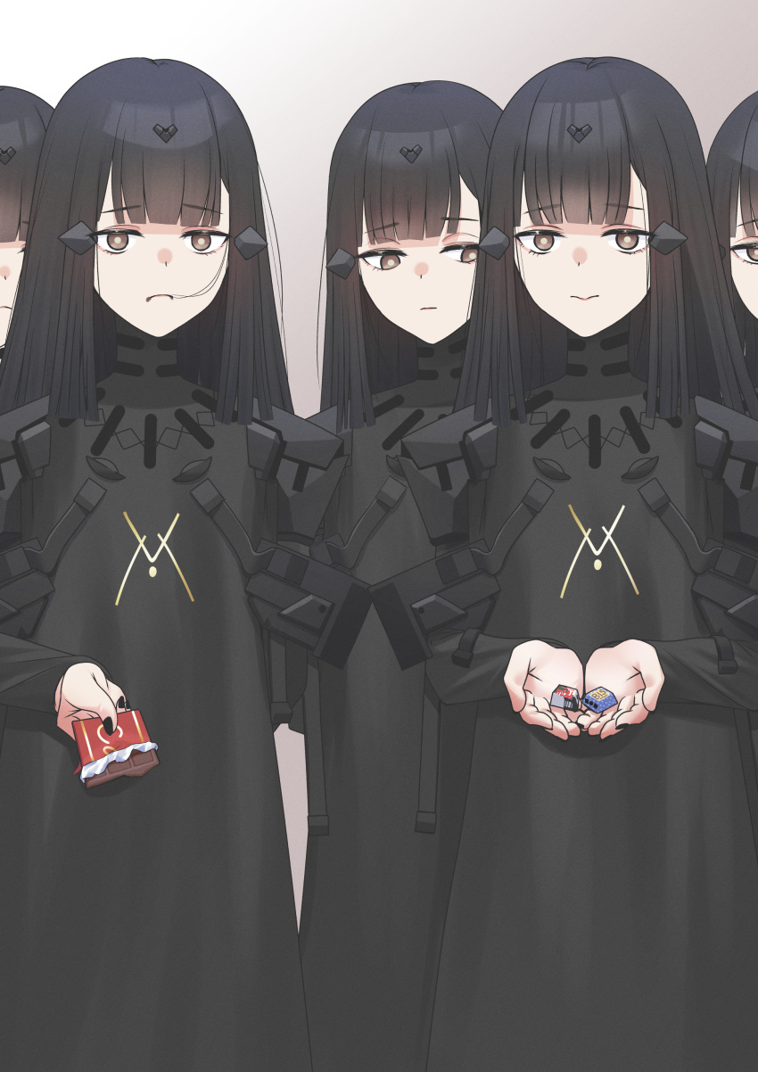 5girls absurdres android black_dress black_nails candy chocolate chocolate_bar dress eyebrows_hidden_by_hair food girls'_frontline hair_in_own_mouth highres long_hair long_sleeves looking_at_viewer mojamozanari multiple_girls nyto_(generic)_(girls'_frontline) nyto_(girls'_frontline) paradeus simple_background