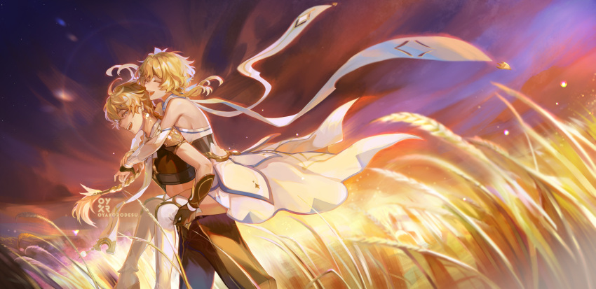 1boy 1girl aether_(genshin_impact) ahoge arm_armor artist_name black_gloves blonde_hair braid braided_ponytail breasts brother_and_sister carrying closed_eyes detached_sleeves dress earrings feather_hair_ornament feathers field flower genshin_impact gloves hair_between_eyes hair_flower hair_ornament highres jewelry lily_(flower) long_hair lumine_(genshin_impact) open_mouth oyakorodesu partially_fingerless_gloves piggyback scarf short_hair_with_long_locks siblings sidelocks single_braid single_earring smile wheat wheat_field white_dress white_flower white_scarf yellow_eyes