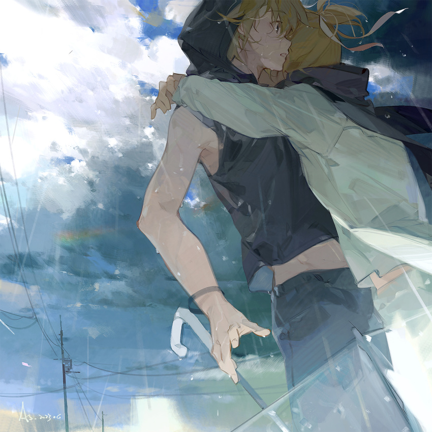 2boys a-shacho ame_wo_tsureyuku_(vocaloid) bare_shoulders black_hoodie black_pants blonde_hair bracelet cloud cloudy_sky cowboy_shot day dual_persona dutch_angle grey_scarf hair_ribbon highres hood hood_up hoodie hug jewelry kagamine_len light_rays long_sleeves looking_ahead midriff_peek multiple_boys open_mouth outdoors pants ponytail power_lines rain ribbon scarf shirt sky sleeveless surprised transparent transparent_umbrella umbrella utility_pole vocaloid wet white_pants white_shirt