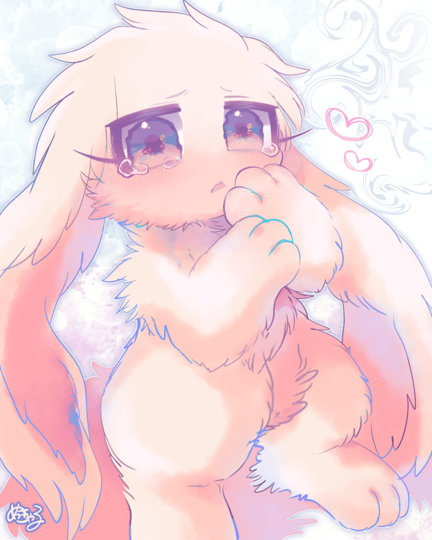 &lt;3 2023 3_fingers 3_toes 4:5 abstract_background ambiguous_gender anthro arm_tuft big_ears biped blush bodily_fluids colored digital_media_(artwork) elbow_tuft featureless_crotch feet female_(lore) fingers floppy_ears fluffy fluffy_ears front_view full-length_portrait fur glistening glistening_eyes head_tuft hi_res inochi_(mekkyaru) kemono lagomorph leg_tuft long_ears looking_at_viewer lop_ears mammal mekkyaru monotone_body monotone_ears monotone_fur monotone_tail nude paws pink_body pink_ears pink_eyes pink_fur pink_inner_ear pink_tail portrait pupils purple_pupils semi-anthro shaded shoulder_tuft signature simple_background solo standing tail tears three-quarter_view toes tuft watery_eyes