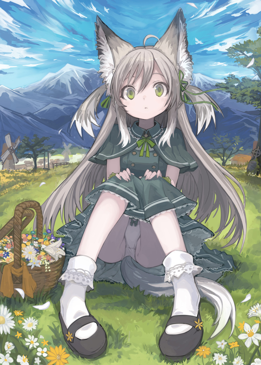 1girl absurdres ahoge animal_ear_fluff animal_ears black_footwear blue_sky bow bow_panties buttons capelet cloud daisy day double-breasted dress field flower foreshortening fox_ears fox_girl fox_tail frilled_dress frills full_body grass green_capelet green_dress green_ribbon hair_between_eyes hair_ribbon hands_on_own_knees highres izayoi_cha knees_together_feet_apart knees_up landscape long_hair looking_at_viewer mountain nature neck_ribbon original outdoors panties pantyshot parted_lips raised_eyebrows ribbon shoes sidelocks sitting sky socks solo tail tree two_side_up underwear variant_set white_flower white_panties white_socks wicker_basket windmill