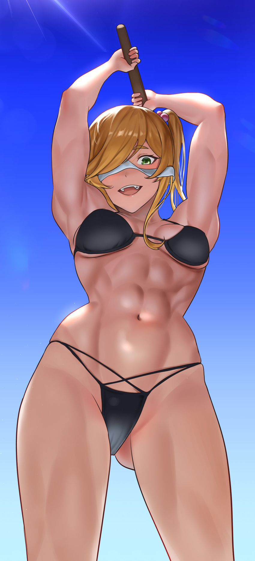 1girl abs absurdres arms_up ass_visible_through_thighs bikini black_bikini blindfold blindfold_slip blonde_hair blue_sky breasts commission day green_eyes highres holding inuyama_aoi looking_at_viewer medium_hair muscular muscular_female navel open_mouth outdoors pixiv_commission sibo side_ponytail sky small_breasts solo swimsuit yurucamp