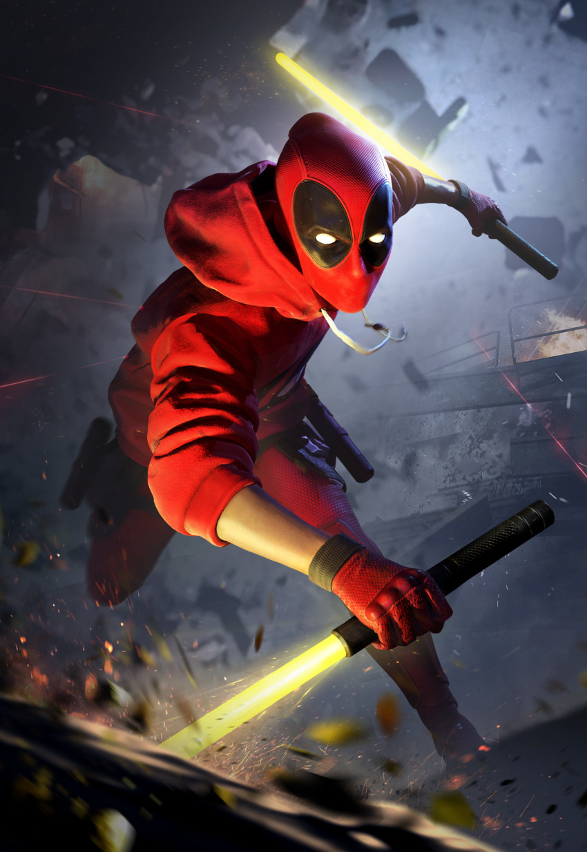 1boy 3d absurdres blurry blurry_background child commentary deadpool_(movie) debris energy_sword english_commentary fantasy gloves guoxiaochen highres hood hoodie kid_deadpool lightsaber looking_at_viewer male_focus marvel marvel_cinematic_universe red_gloves red_hoodie rubble solo sword weapon yellow_lightsaber