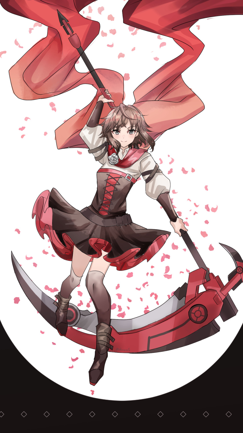 black_dress boots breasts brown_hair cape crescent_rose dress floating_scarf flower frilled_skirt frills grey_eyes highres holding holding_scythe light_smile looking_at_viewer petals red_cape red_flower red_rose rose ruby_rose rwby scythe short_hair skirt small_breasts thighhighs