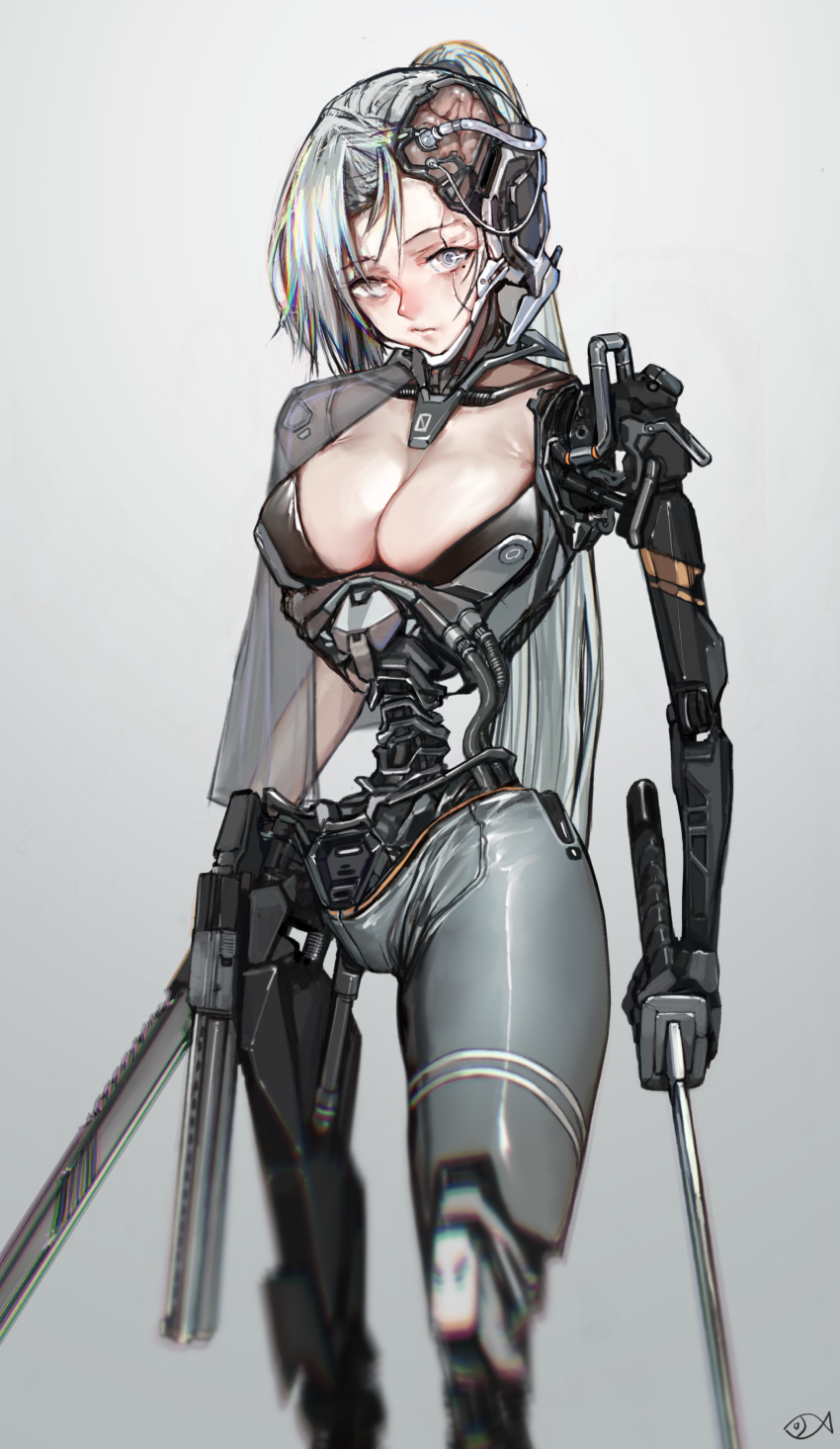 1girl absurdres amputee android breasts chromatic_aberration cleavage closed_mouth cyborg damaged dual_wielding exposed_brain gradient_background grey_background gun highres holding holstered iuui large_breasts long_hair looking_at_viewer mechanical_parts mechanization mismatched_pupils no_pupils original ponytail solo triple_amputee variant_set weapon white_hair