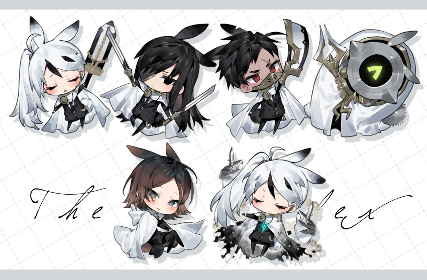 2girls 3boys ahoge animal_ears black_eyes black_hair black_jacket black_necktie brown_hair cape closed_eyes devy_lobotomy esther_(library_of_ruina) gloria_(library_of_ruina) gold_trim highres holding holding_sword holding_weapon hubert_(library_of_ruina) jacket library_of_ruina long_hair medium_hair moirai_(library_of_ruina) multicolored_hair multiple_boys multiple_girls necktie open_mouth project_moon rabbit_ears rabbit_tail red_eyes side_ponytail streaked_hair sword tail torn_clothes weapon white_background white_cape white_hair yan_vismok